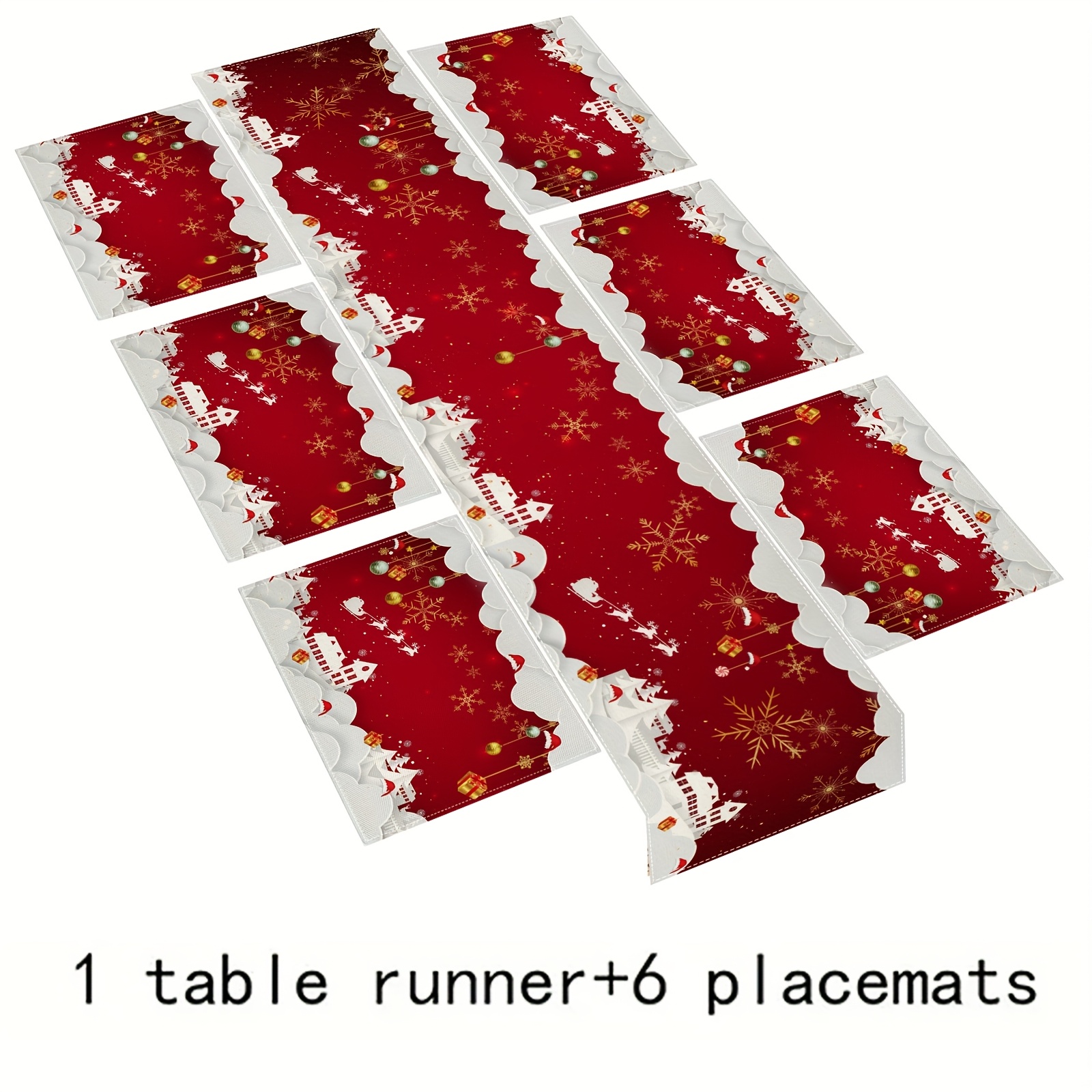 TEMU 5pcs Set/7pcs Set, Santa Claus Red Table Runner With Placemats, Kitchen Dining Room Placemats Table Runner, Christmas Cute Deer Pine Tree Ball