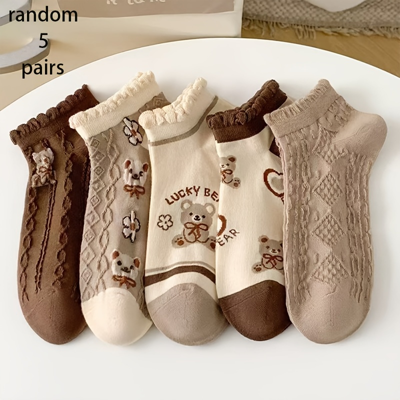TEMU 5 Paar (Zufallssortiment) Damen-Knöchelsocken mit Bärenmotiv – Süße Bärengesicht- & Pfotenabdruck-Muster, Vintage-geeignet – für den ,