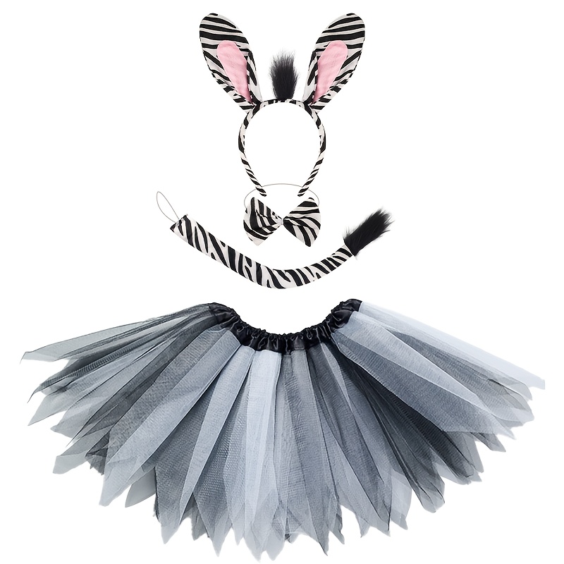 Image of 4pcs Zebra Set, Zebra Decoration, Animal Decoration Supplies, Including Bow Tie, Tail, Headband, Net Skirt, Suitable For Animal Party, Halloween Party Decoration Set