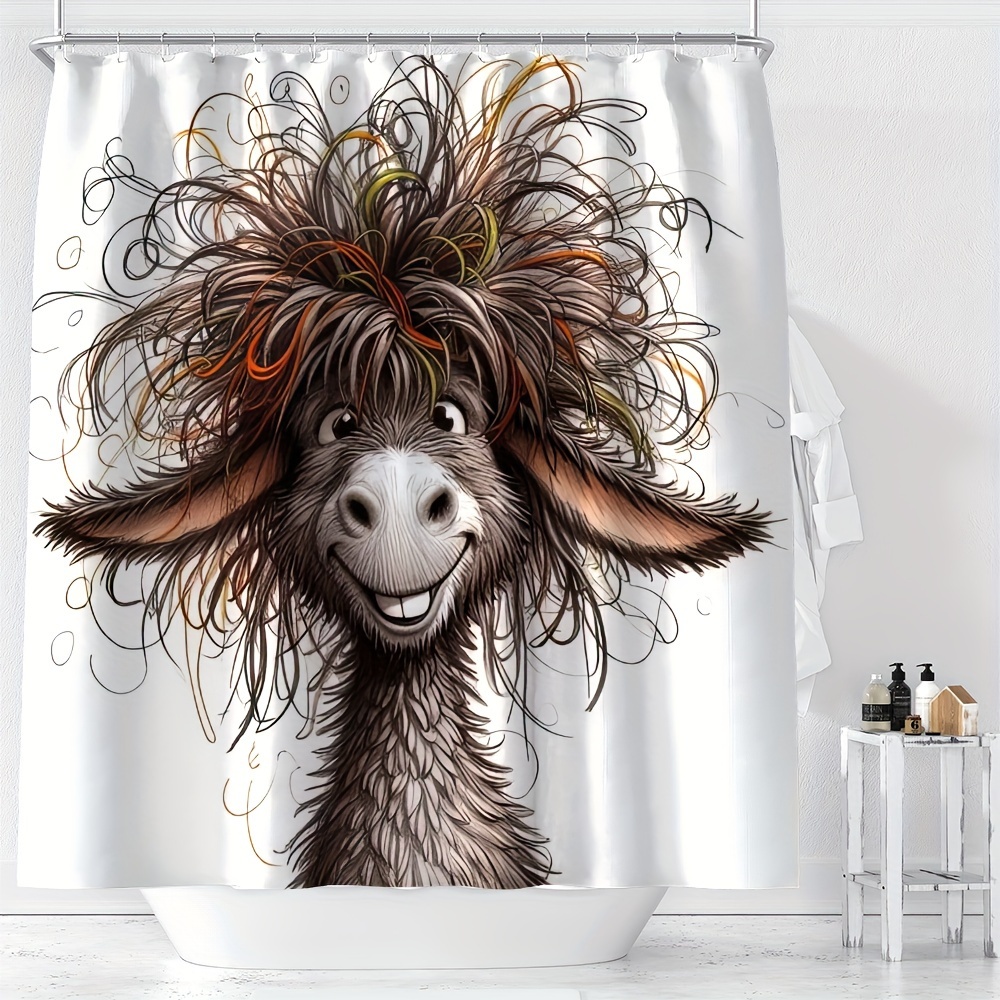 

Ywjhui Cute Cartoon Shaggy Donkey Digital Print Shower Curtain, Water-resistant Polyester With Hook, Machine Washable, All-season Animal Theme Bathroom Decor, Woven Knit Weave Type