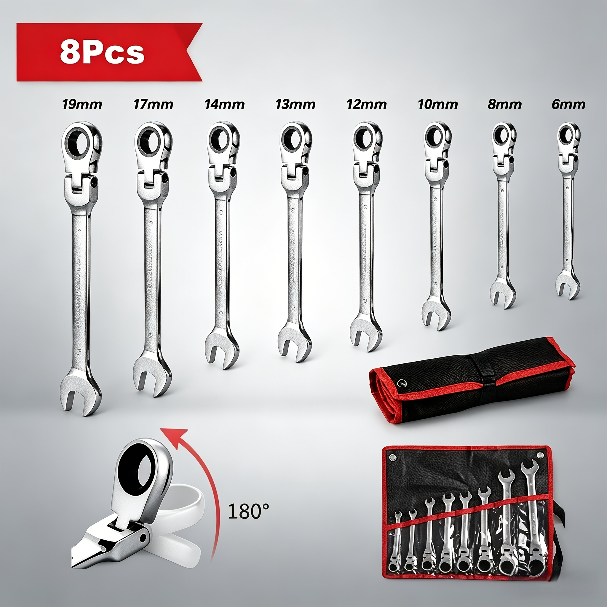 Image of 8pcs Active Head Chrome Vanadium Steel Ratchet Wrench, Ratchet Wrench Set, Chrome Vanadium Steel Mirror Anti Rust , Lightweight And Labor- To Use, Used Maintenance Model. Suitable For Home Decoration