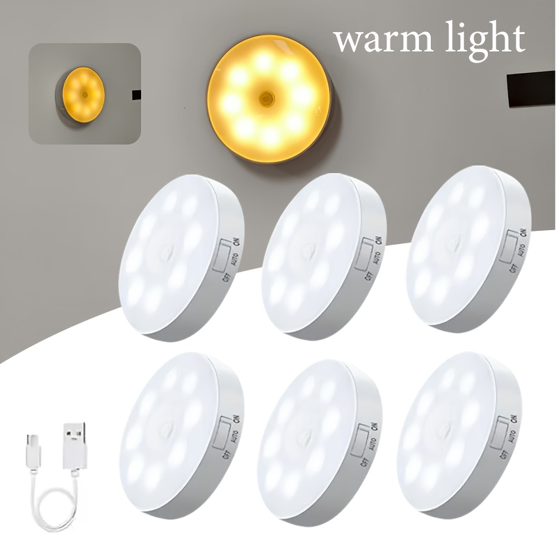 E-shop 6 Stück Weiß/Warm USB Bewegungsmelder Nachtlichter mit einstellbarer Helligkeit, Memory-Funktion, LED Bewegungssensor-Beleuchtung geeignet für
