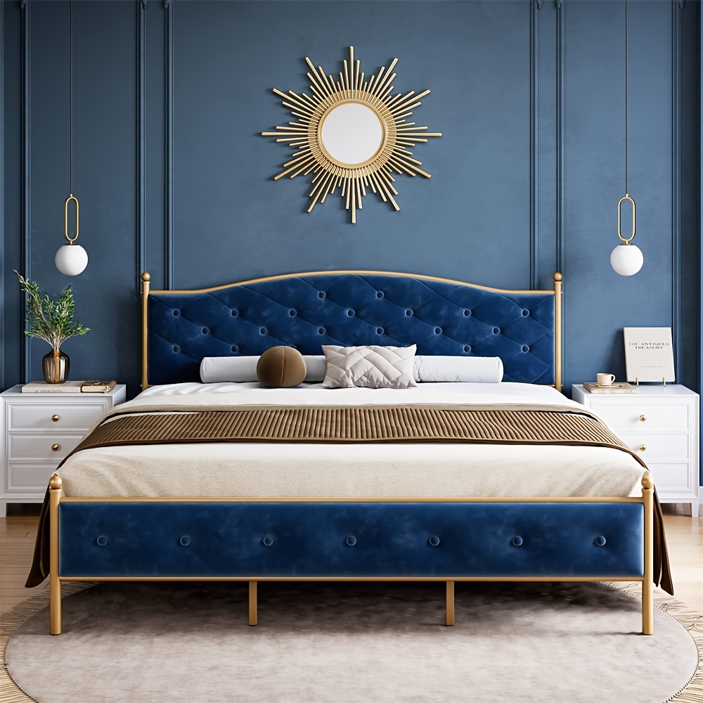 

Queen Bed Frame With Headboard, Velvet Upholstered Platform With Wood Slats Support, No Box Spring Needed, Heavy Duty Mattress Foundation, Easy Assembly, Gold And Blue