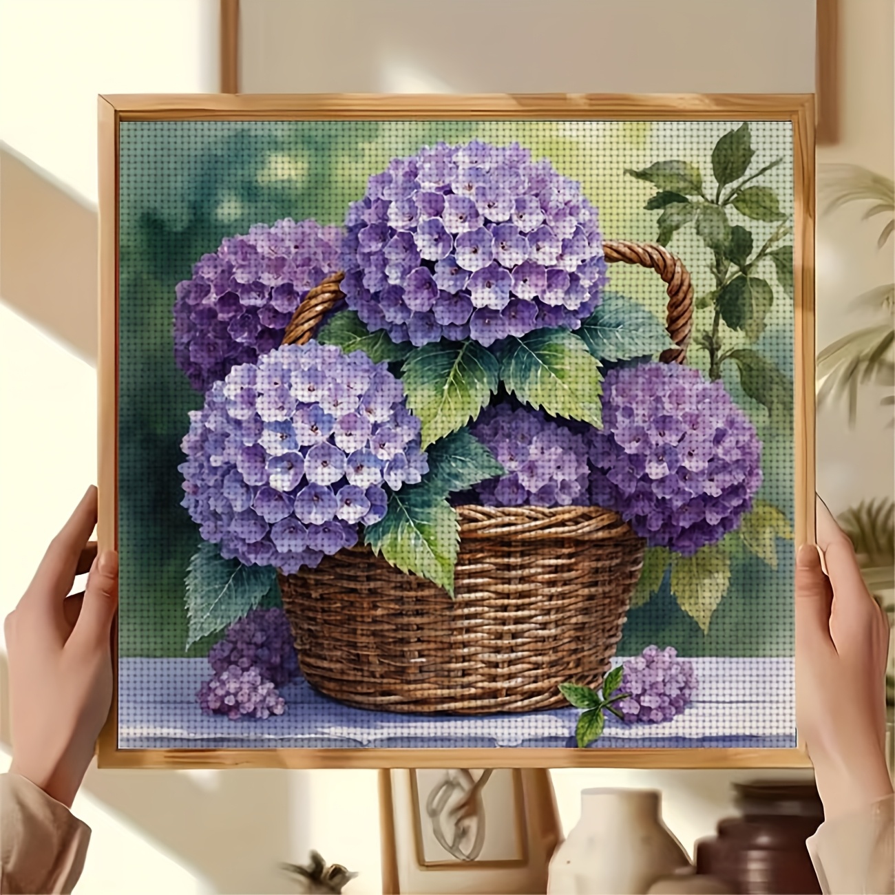Unframed Cross-Stitch Kit, "Purple Hydrangea in a Basket" Design