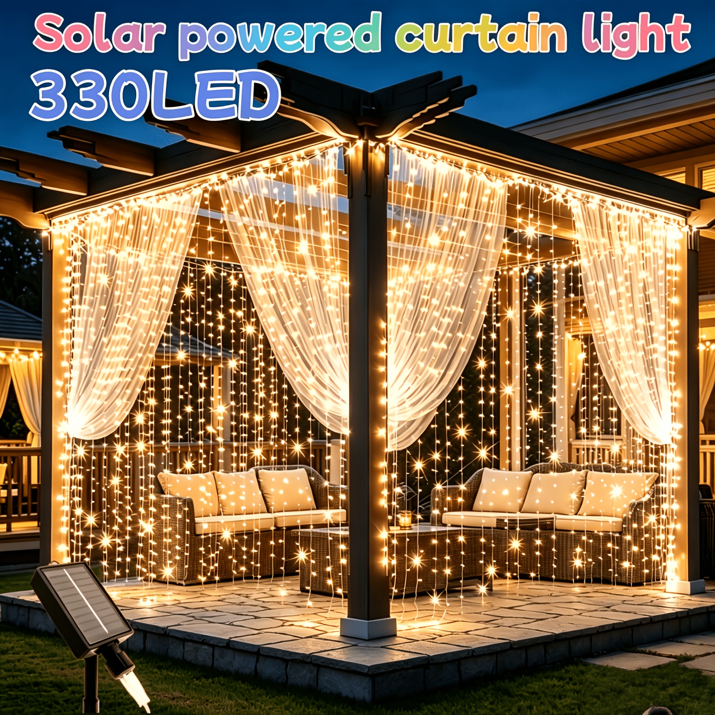TEMU 330led Solar Curtain Light String With Rating, 8-mode Outdoor Suitable For,, Wedding & Decorations, Curtain With Dimmer, Plug-and-play