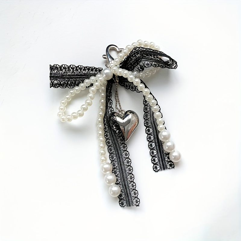 TEMU Lace Pearl Bow Keychain, Ladies Pearl Bow, Bag Pendant Keychain, Backpack Charm Keychain, Heart-shaped Bag Pendant, Bead Keychain, Bow Pendant,
