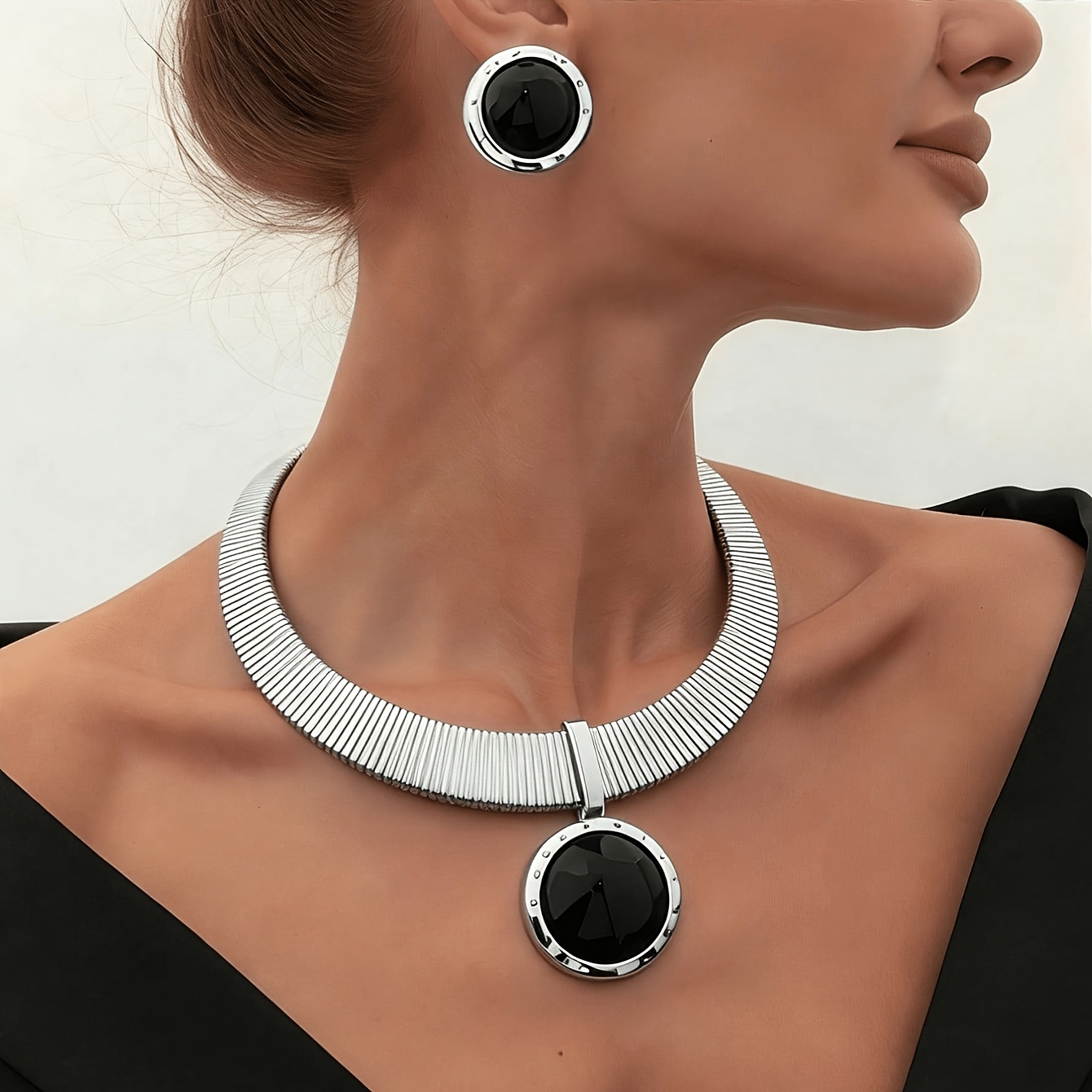 TEMU 2pcs Set: Women's Trendy And Unique Metal-style Wide Choker Necklace With A Black Hemispherical Stone Pendant, And A Simple Yet Luxurious