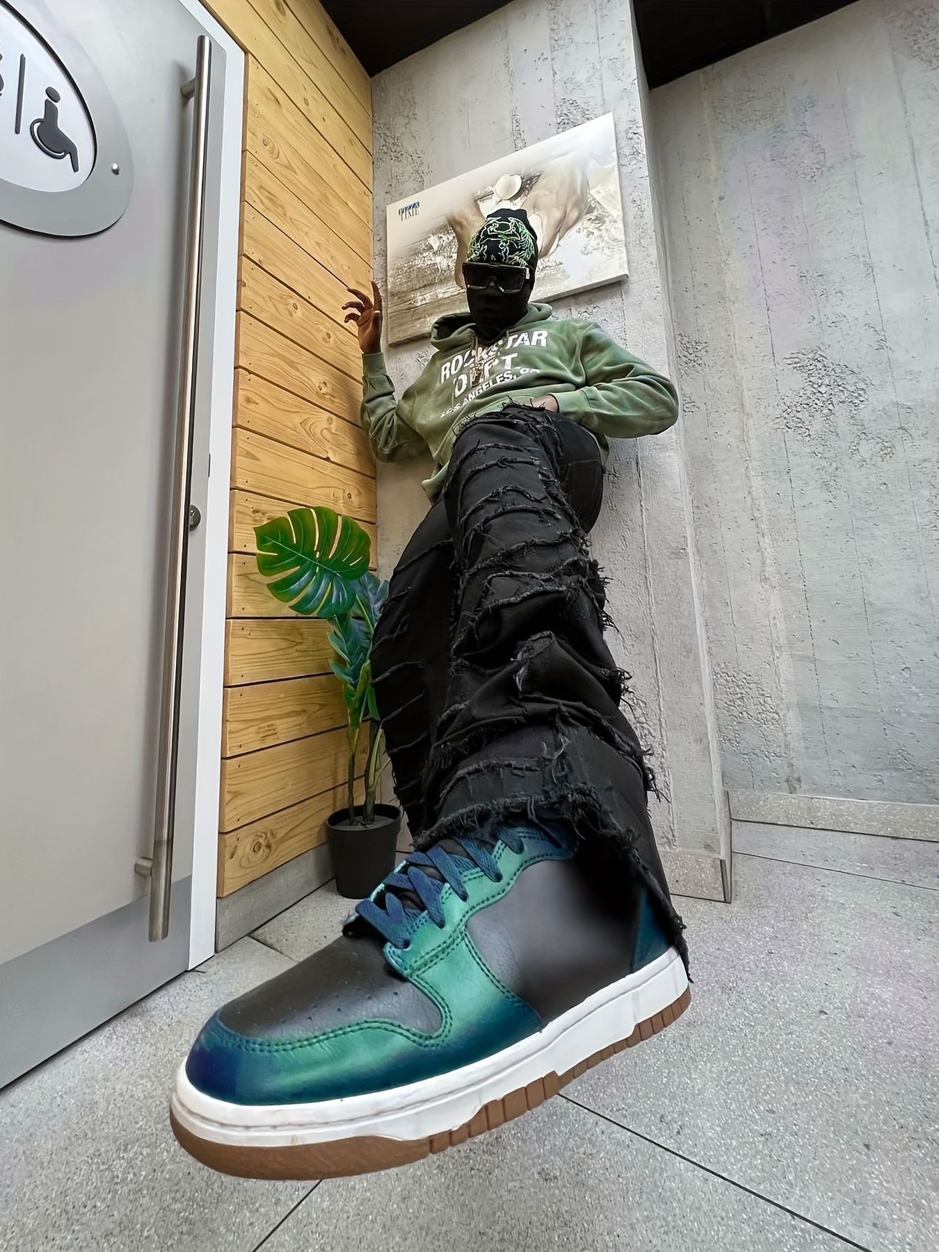 *'s Y2K Layered Ripped Jeans Turquoise Blue/Green/*/Teal Stacked Denim  Pants, Beltless *-* Straight Leg with Built- Zipper Closure,