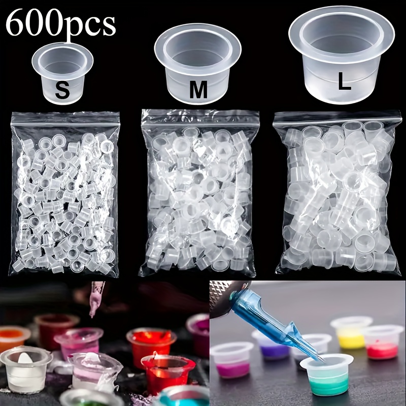 E-shop 600 Stück Packung Transparente Plastik Einweg-Farbbecher geeignet für Tattoo, Permanent Make-up & Permanentmarker - S/M/L Größen, für