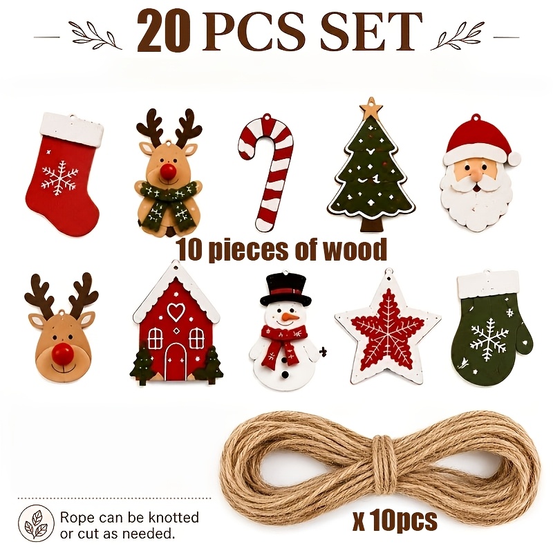 TEMU Set di 20 ornamenti natalizi in legno 2D, inclusi 10 pezzi in legno corde di iuta. Decorazioni da appendere in legno con come , renna, , albero