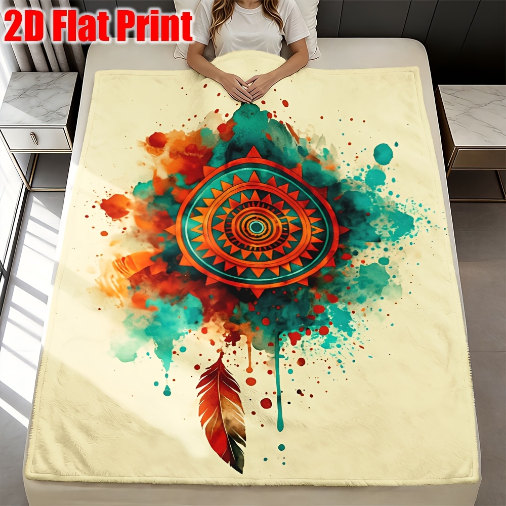 item picture 1pc flannel blanket tribal mandala and feather watercolor art throw blanket soft and cozy great for living room car and camping coverlet blanket koc autumn fall fall decor halloween thanksgiving and christmas gift 2d flat