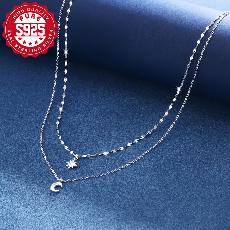 S925 Silver Star And Moon Double Layer Necklace