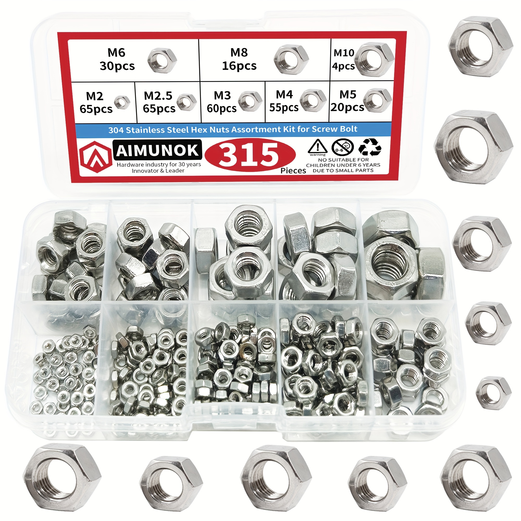 Image of 136/315pcs Metric Hex Nuts Assortment Kit, M2 M2.5 M3 M4 M5 M6 M8 M10 M12 A2-70 (304) Stainless Steel Assorted Hex Nuts Set For Screw