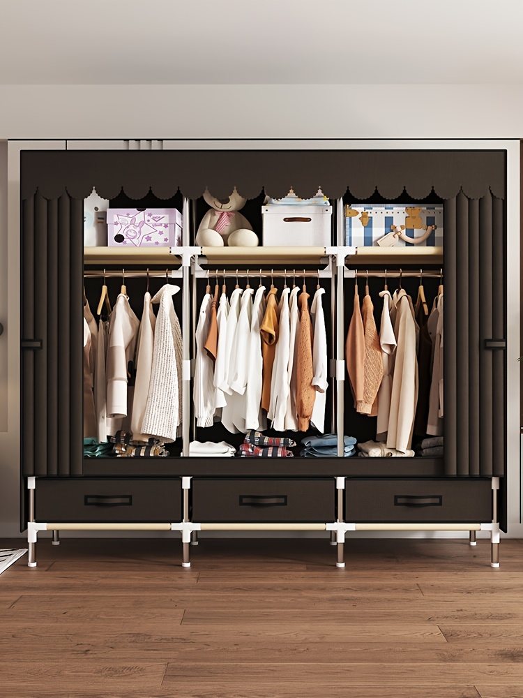 a portable wardrobe with 3 hanging rods and 6 storage shelves reinforced alloy   easy to assemble canvas curtain cover lightweight less than 30     organizer portable closets details 1