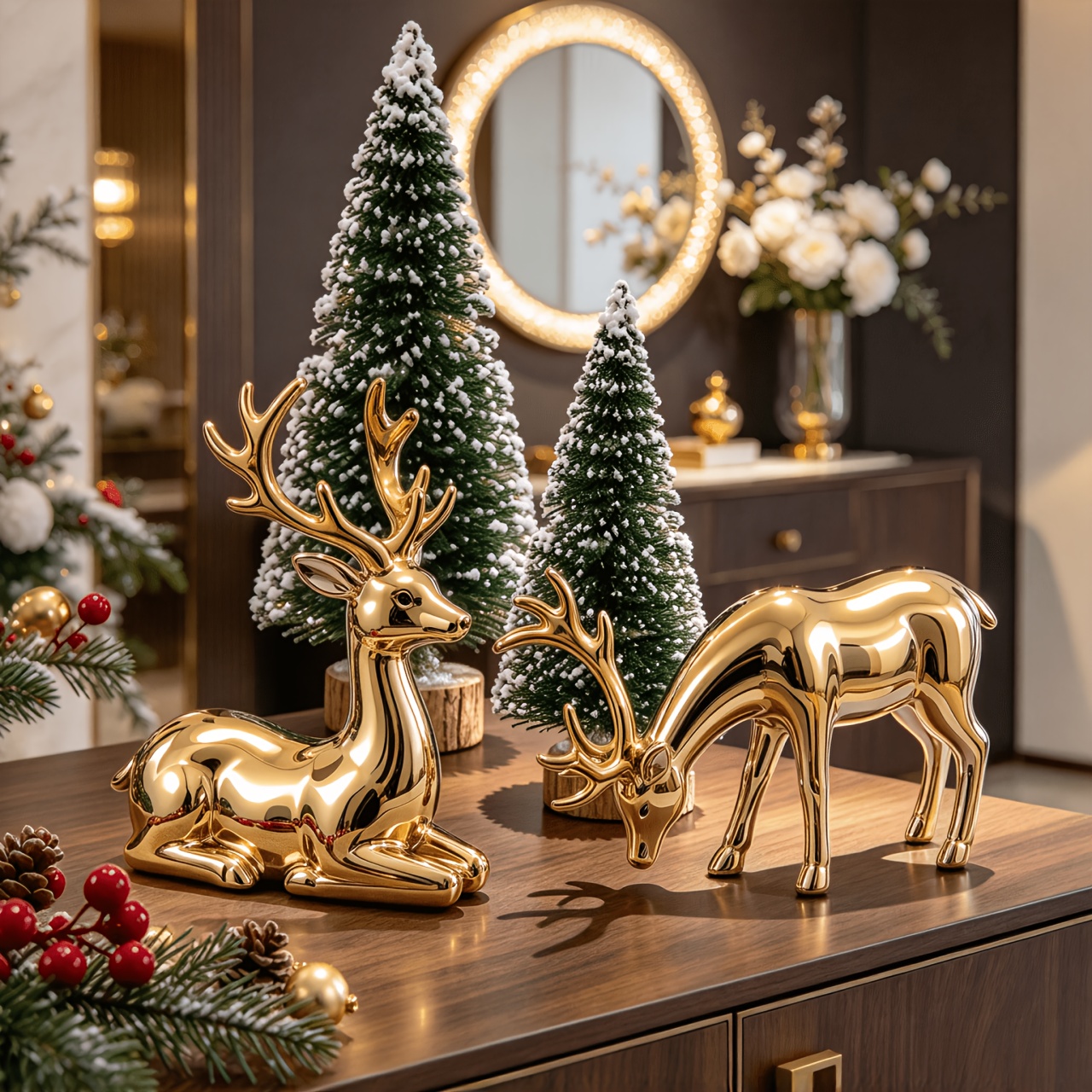 TEMU 4pcs Set Of Decorative Ornaments, Nordic Minimalist Style Golden Christmas Reindeer With Snowy Christmas Tree, Exquisite Design, Very Suitable
