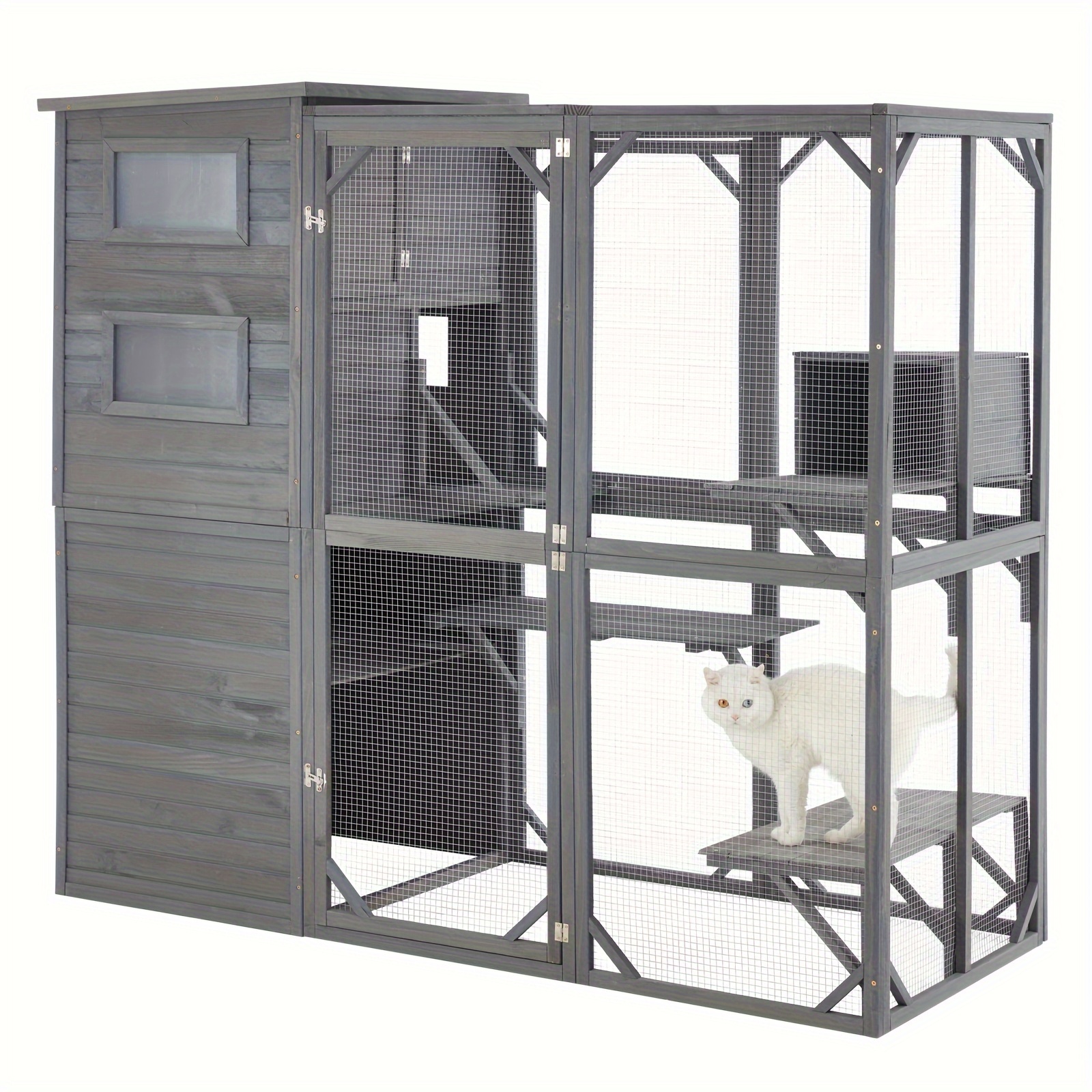 TEMU Large Cat Outdoor Cat Enclosure Weatherproof With Resting Boxes, Platforms, Windows, 70" H*32" W*77" L, Grey