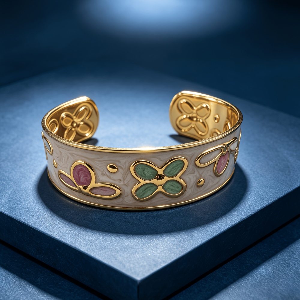 Women's Embossed Floral Enamel Golden Tone Open Cuff Bangle