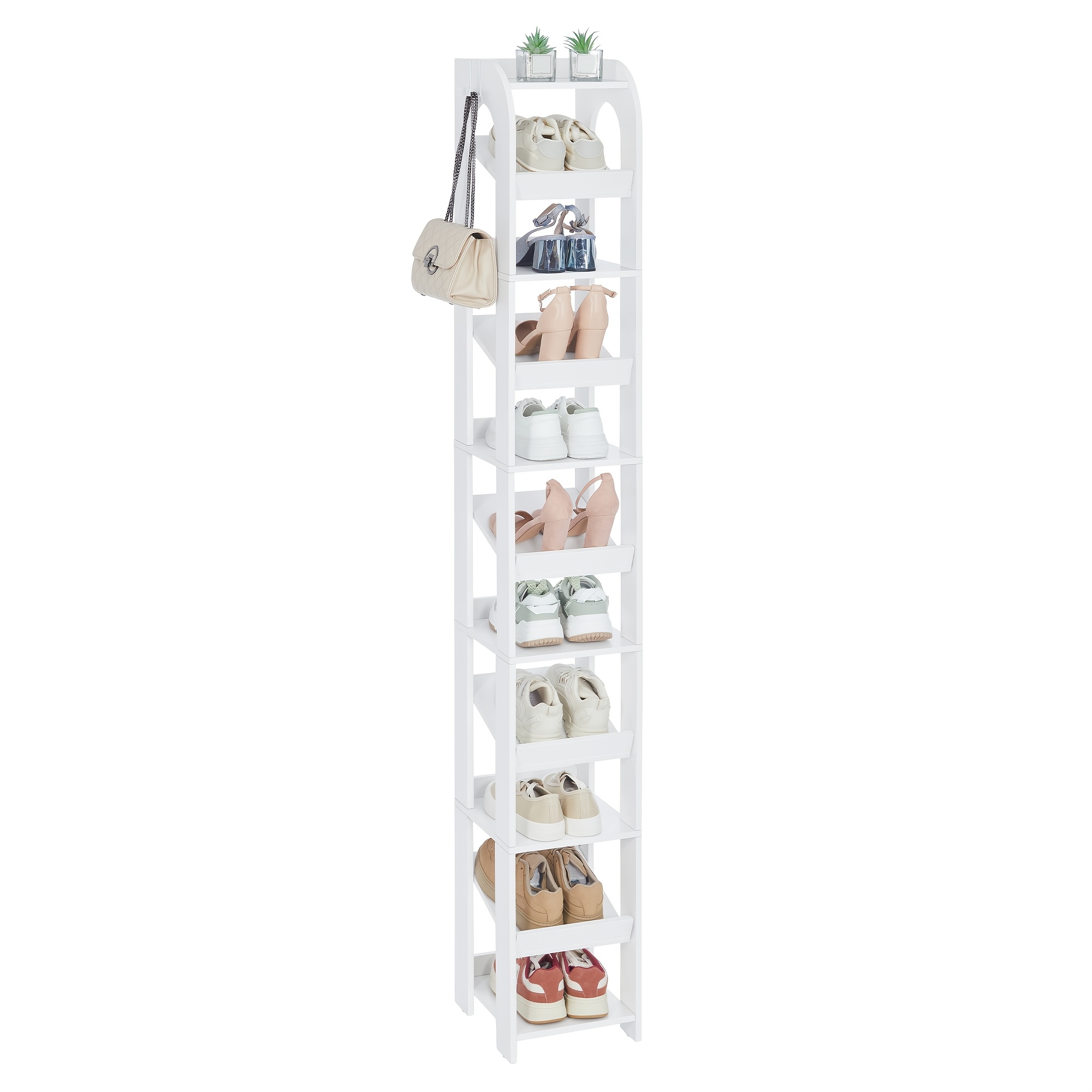 Vertical Shoe Rack, 11 Tiers Narrow Shoe Racks, Wooden Shoe Organizer For Closet, Entryway, Shoe Tower For Small Spaces, Freestanding, Adjustable, With Hooks, White