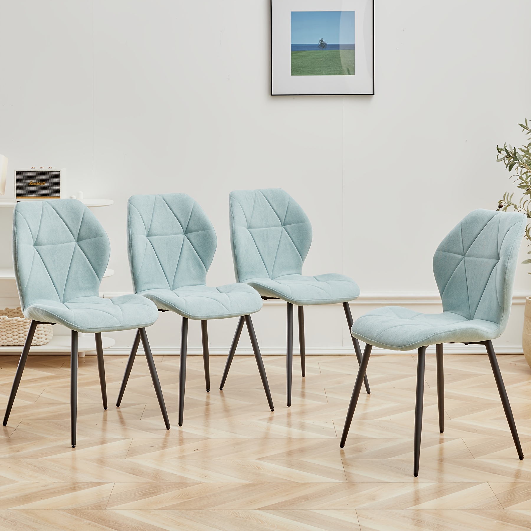Image of Egoonm Set Of 4 Mid-century Modern Dining Chairs, Linen Fabric Upholstered With Black Metal Legs, Ergonomic Backrest & Cushioned Seats, For Living Room, Kitchen, Dining Room(mint Green)
