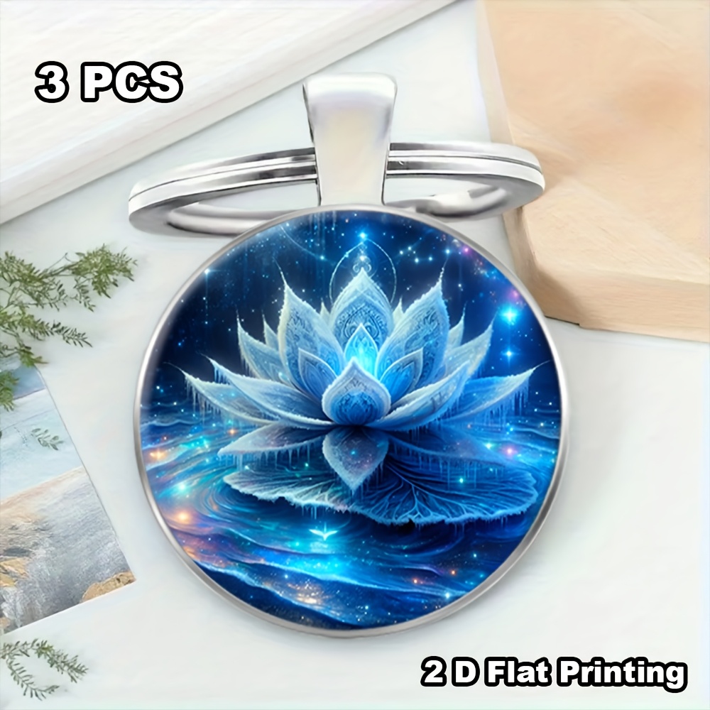 Exquisite 3pcs Ice-Blue Lotus Pattern Keychain Set