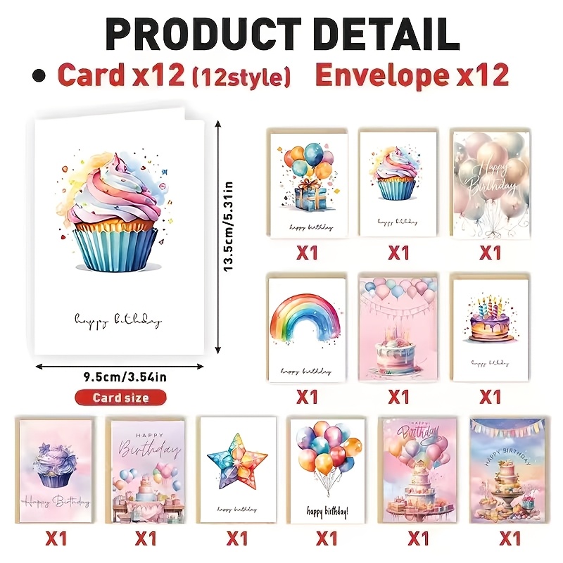 TEMU 24pcs Birthday Card Set - 12 With 12 Envelopes, Blank Inside, Suitable For Gifting