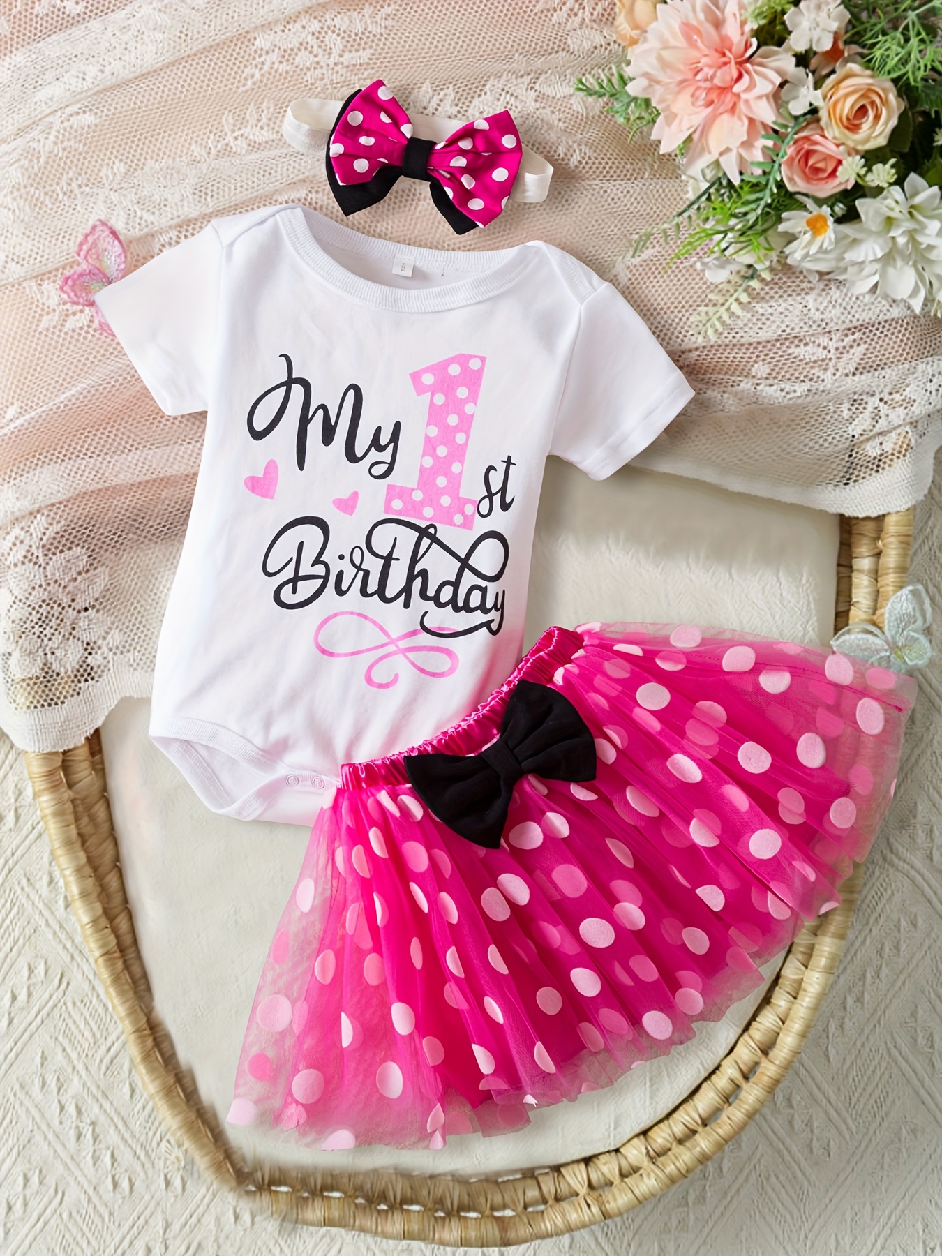 Baby Girl First Birthday Outfit Cute It'* 1St Birthday Print Romper + Polka  Dot Mesh Skirt + Bow Headband 3pcs Set Girl Birthday Party Dress, for  Outdoor