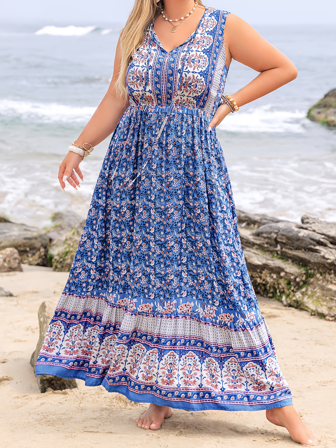 Plus Size Dress with Bohemian Vintage Ethnic Style Romantic Stitching  Pattern Exquisite Drawstring Belt V-Neck Sleeveless Waist-Cinching A-Line 