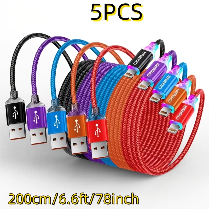 TEMU 5pcs Rgb Breathing Light Cables, Durable Woven Data Sync Usb-a To Lightning Fast Charging Data Cable Suitable For Iphone 14/13/12/11 Pro
