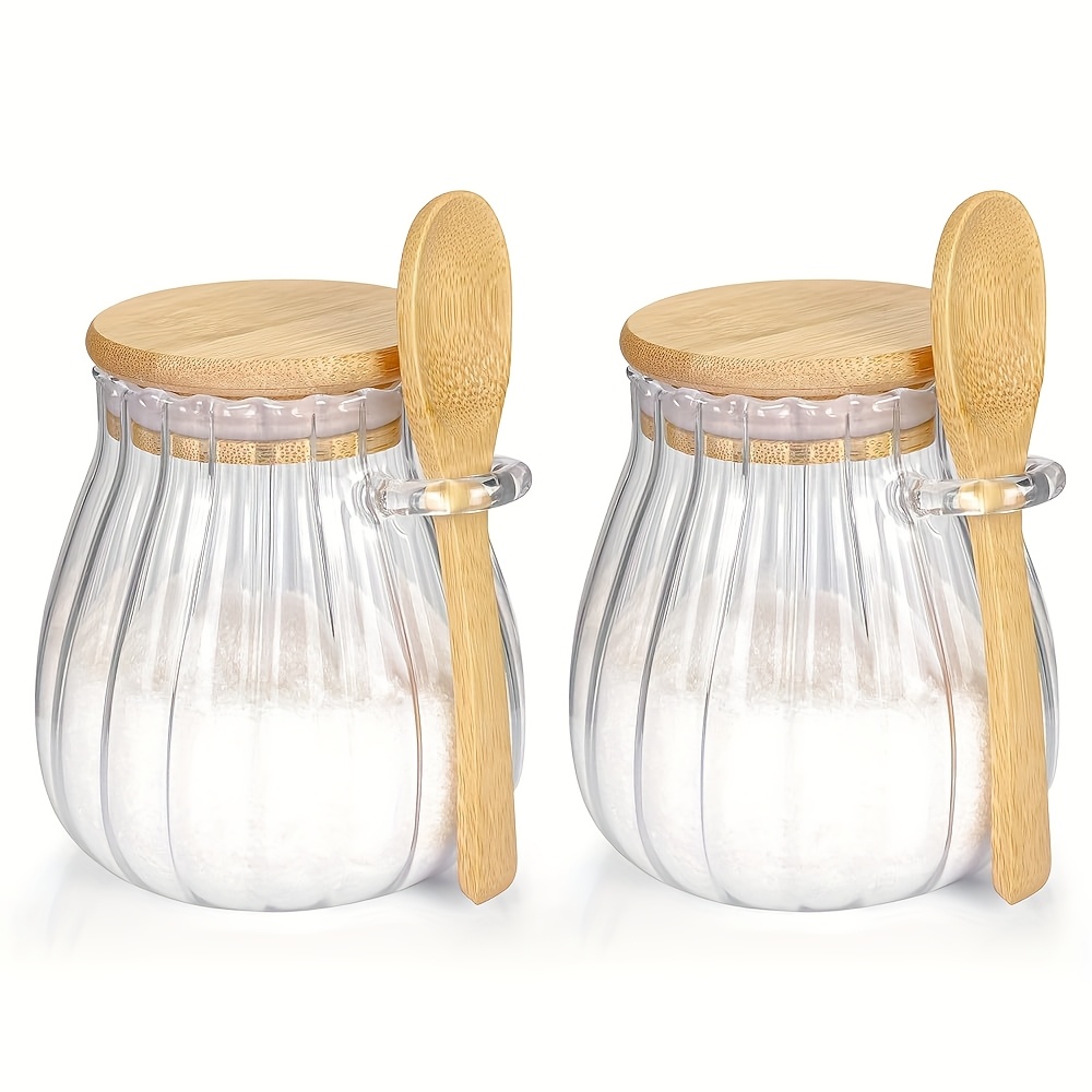 TEMU 2pcs Striped Wooden Spoon Combination: Delicate Kitchen, Full Of Sugar, Sugar Bowl With Lid And Spoon, With Spoon, Sugar Container With Spoon,