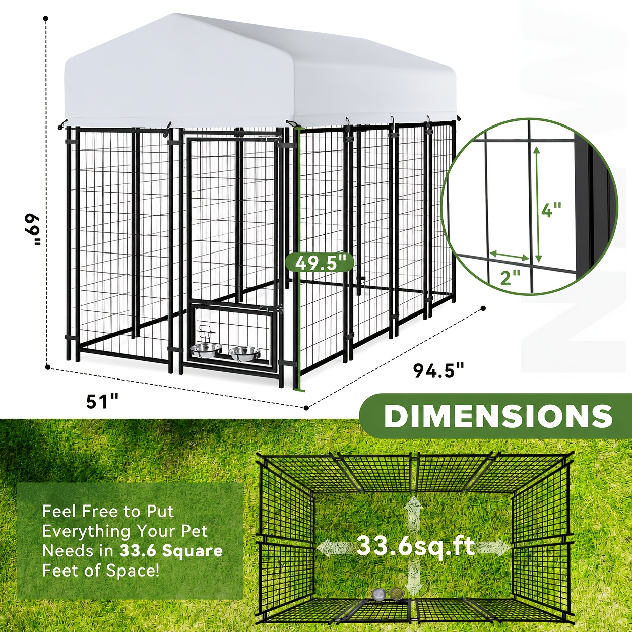 TEMU Outdoor Dog Kennel For Large Dogs, Heavy Duty Welded Wire Playpen Fence With , Dog Pen With Waterproof Roof Cover And 2 Rotating Dog Bowls For