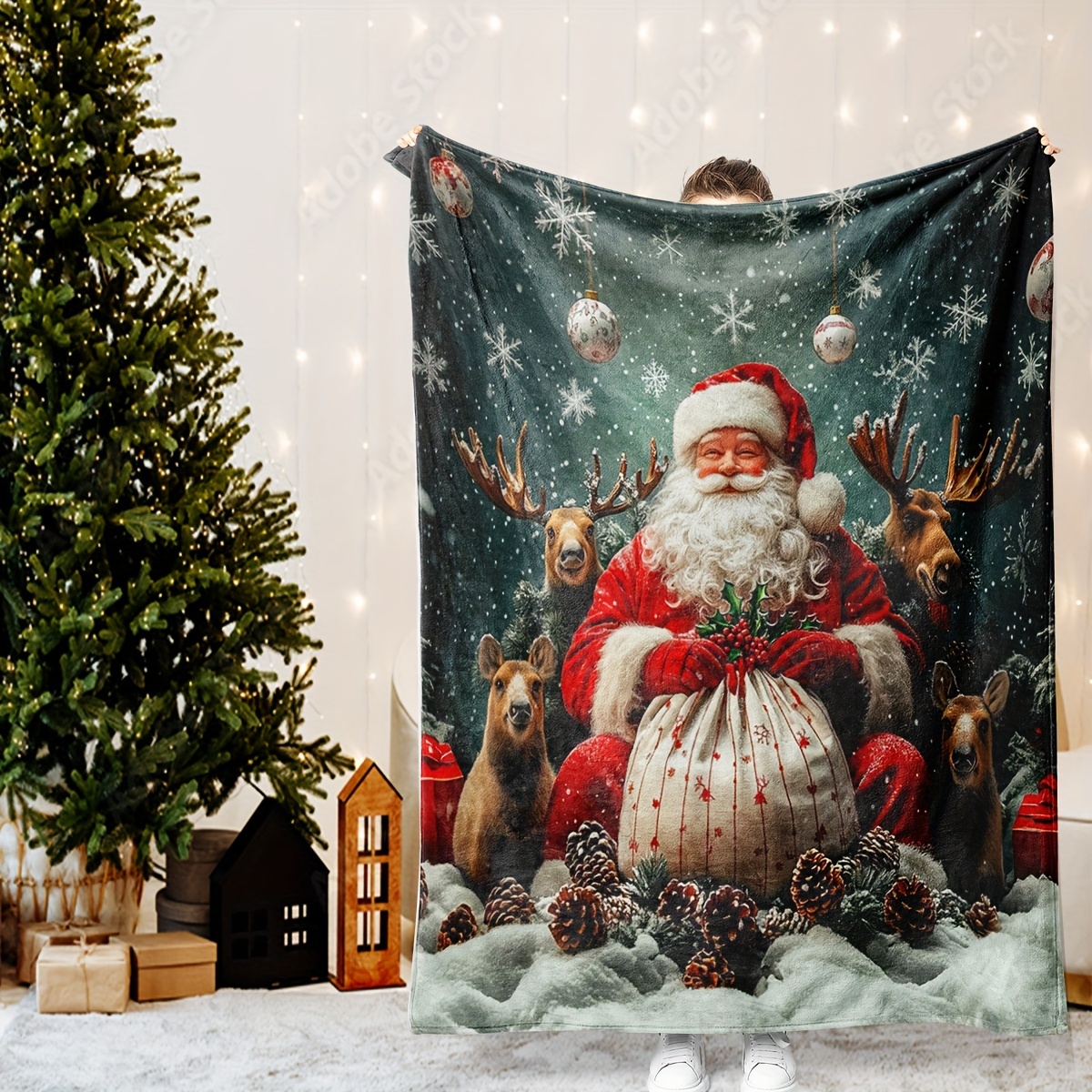 

Contemporary Christmas Santa Claus Fleece Throw Blanket - All Knitted Polyester Blanket For Men And Women, Machine Washable, Holiday Gift, , 1pc