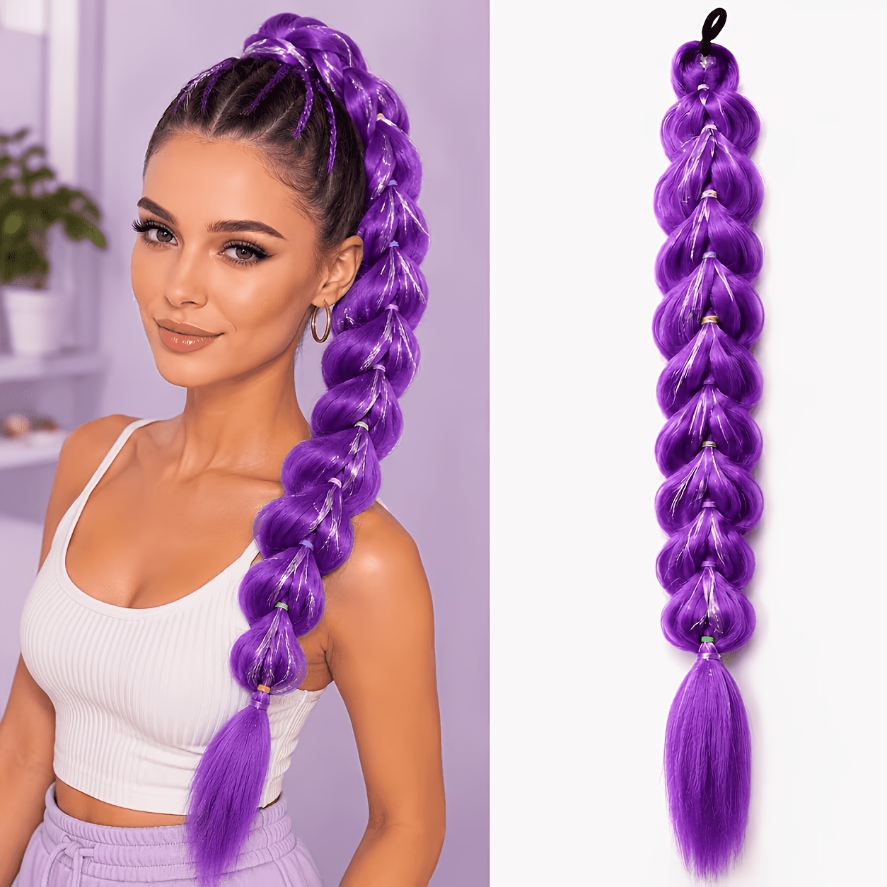 TEMU Ruban décoratif à paillettes violet vif avec tresse à bulles, , accessoire de cheveux synthétique pour une utilisation festive, pompons argentés