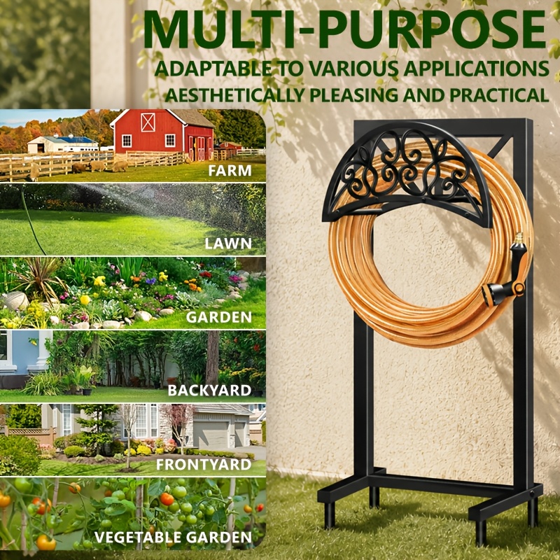 Heavy-Duty Metal Garden Hose Holder Stand with Rust-Resistant Design and Spikes, Freestanding Outdoor Hose Reel Organizer for Up to 150 ft H