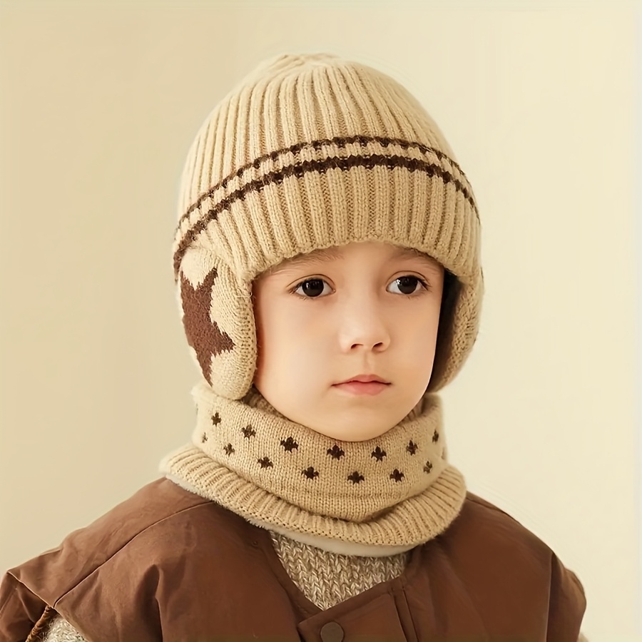 Image of 2pcs Boys' Winter Hat And Scarf Set With Earflaps - Thick Warm Matching Outfit, Suitable 3-7 (3-4 Years Winter) - Ideal For Skiing And Outdoor Activities