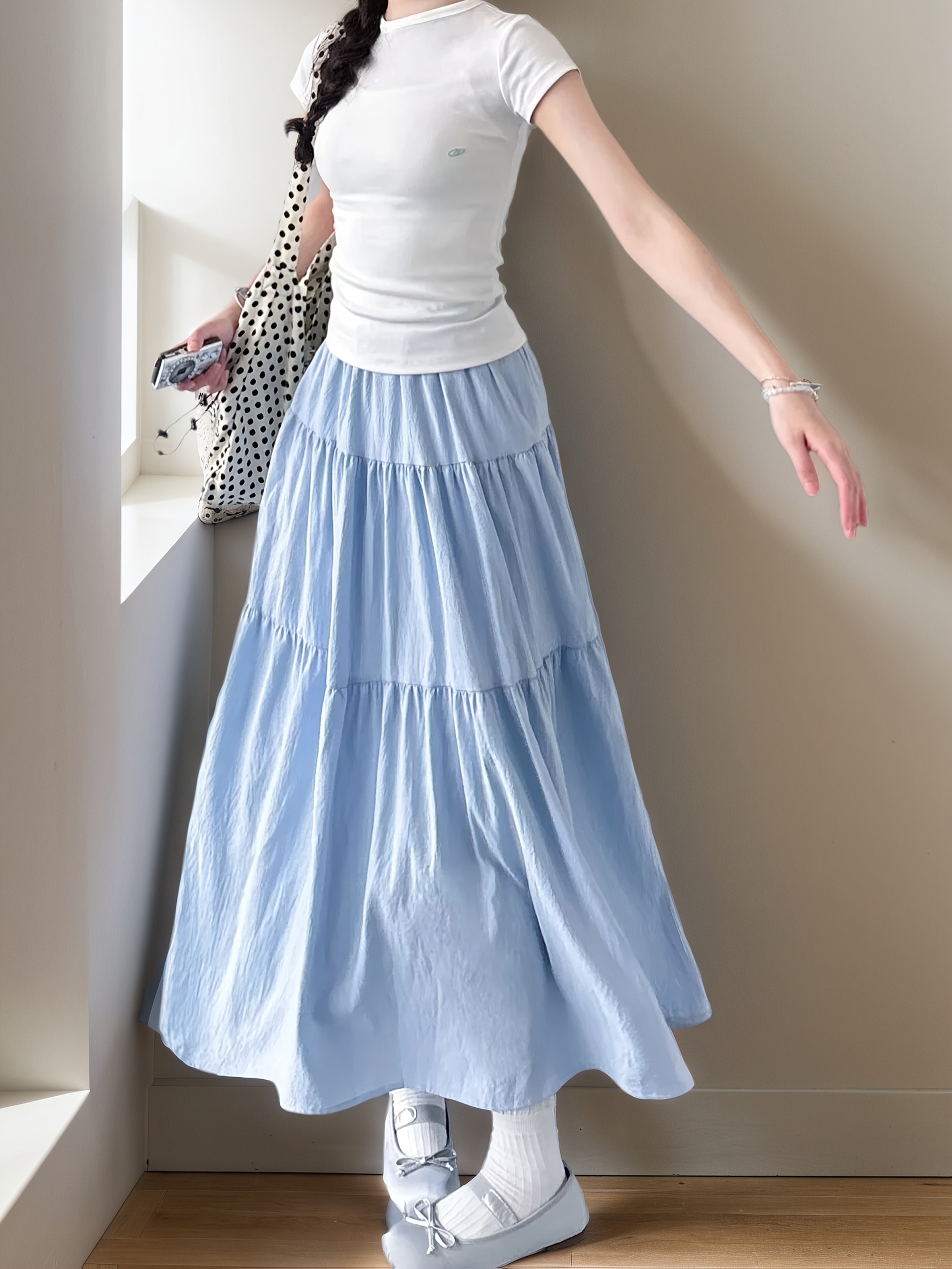 【新品】 dium.／layered design straight skirt solid color high waisted midi skirt a long layered design