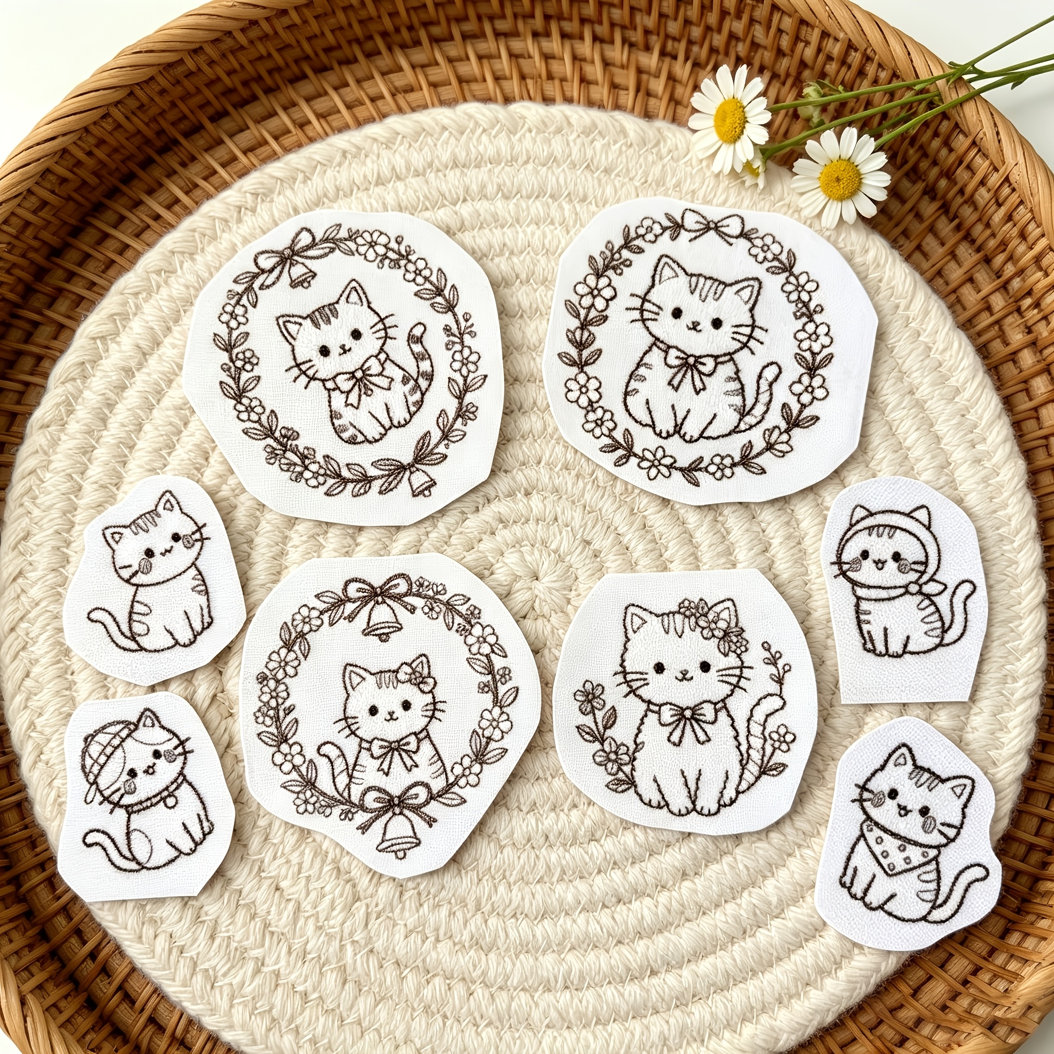 TEMU 8pcs Set Of Water-soluble Self-adhesive Cat Animal Embroidery Pattern Tool Kit, Washable Floral Embroidery Mat, Suitable For Knitwear, Jeans And