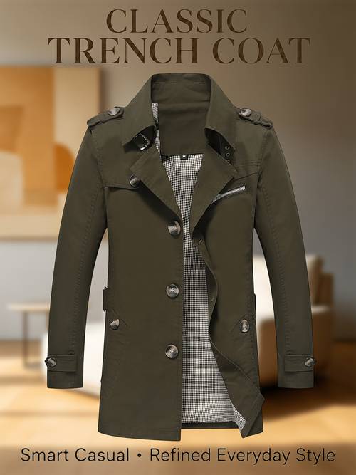 klassisk trenchcoat för män, mellanlång, med , pendlarjacka, avslappnad epållskdesign, enkelknäppt jacka, mångsidig affärsfräsch långärmad -fit