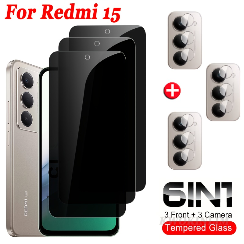 E-shop 6-in-1 für Xiaomi Redmi 15 Privatsphäre-Glasfolie, 3x Privatsphäre-Bildschirmschutz + 3x Kameralinsenschutz, 9H Härte, Redmi 15 gehärtetes Glas