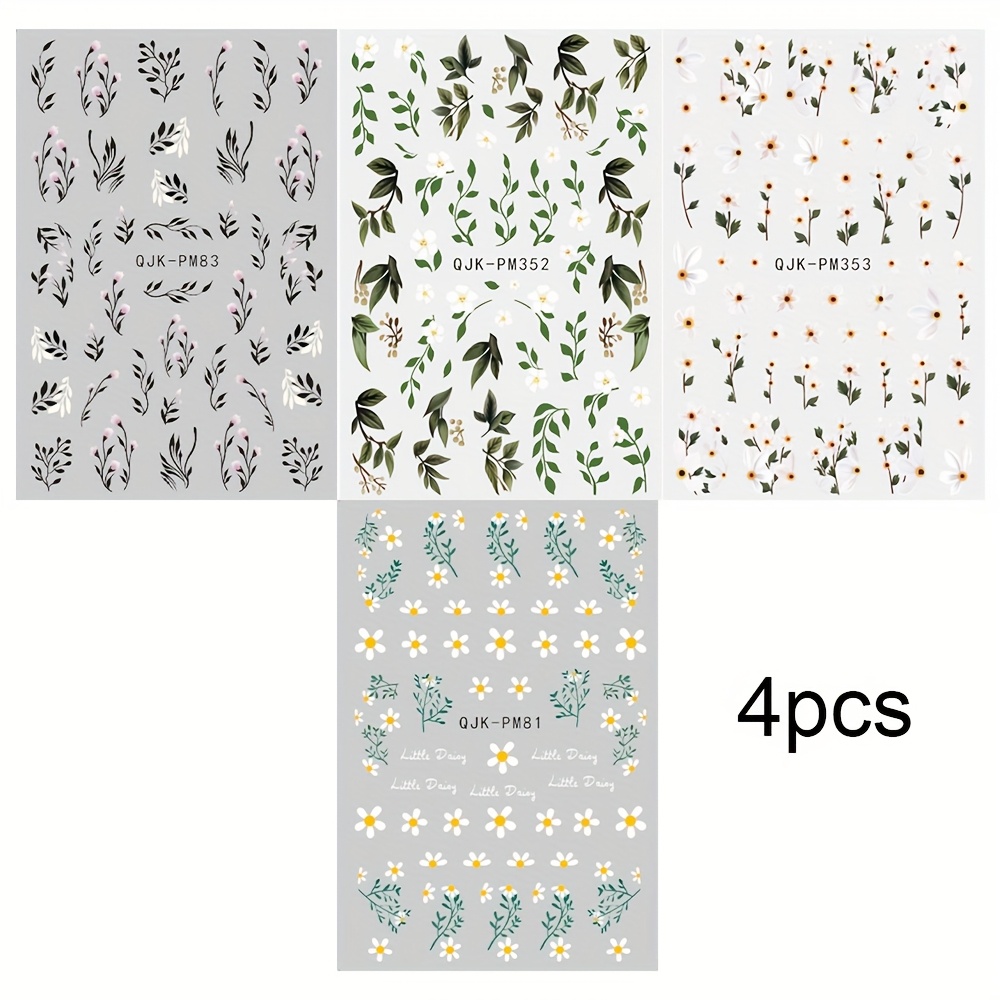 4pcs Spring Summer Leaf Nail Stickers, Qjk-pm81+83+352+353, Glossy, Unscented, Self-adhesive, Flat, Single Use
