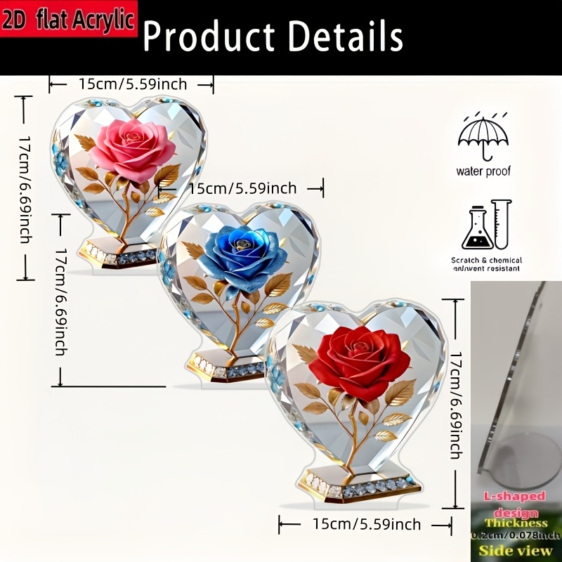 E-shop 2D Flat - 3-teiliges Set 2D Flat Rose Desktop Dekoration Kleine Ornamente Premium Transparentes Kunststoffbrett 2D Flat Druck Integriertes