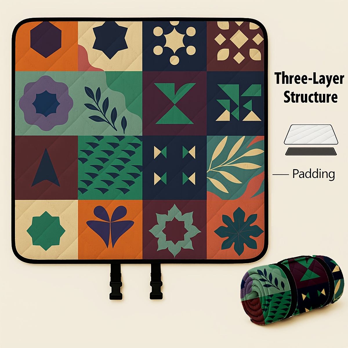 E-shop Extra Große 78x78 Zoll Faltbare Picknickdecke | Weiches, gepolstertes Design mit Blumen- und Fruchtmuster, Tragegurt, PU-beschichtetes