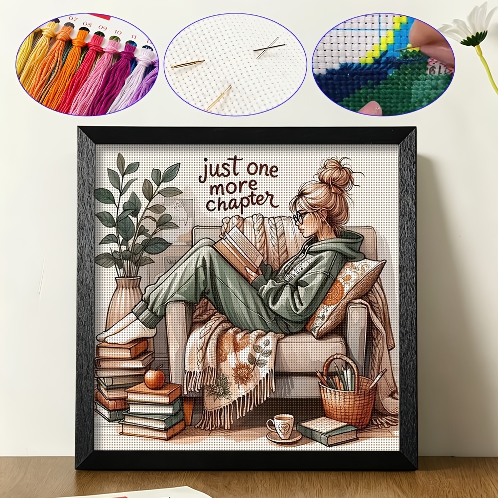 TEMU 1 Set Home Reading Girl Themed 11ct Precision Printed Cross- Kit, 14.17×14.17 Inches, Diy Handmade Embroidery Material Pack With Full Set Of