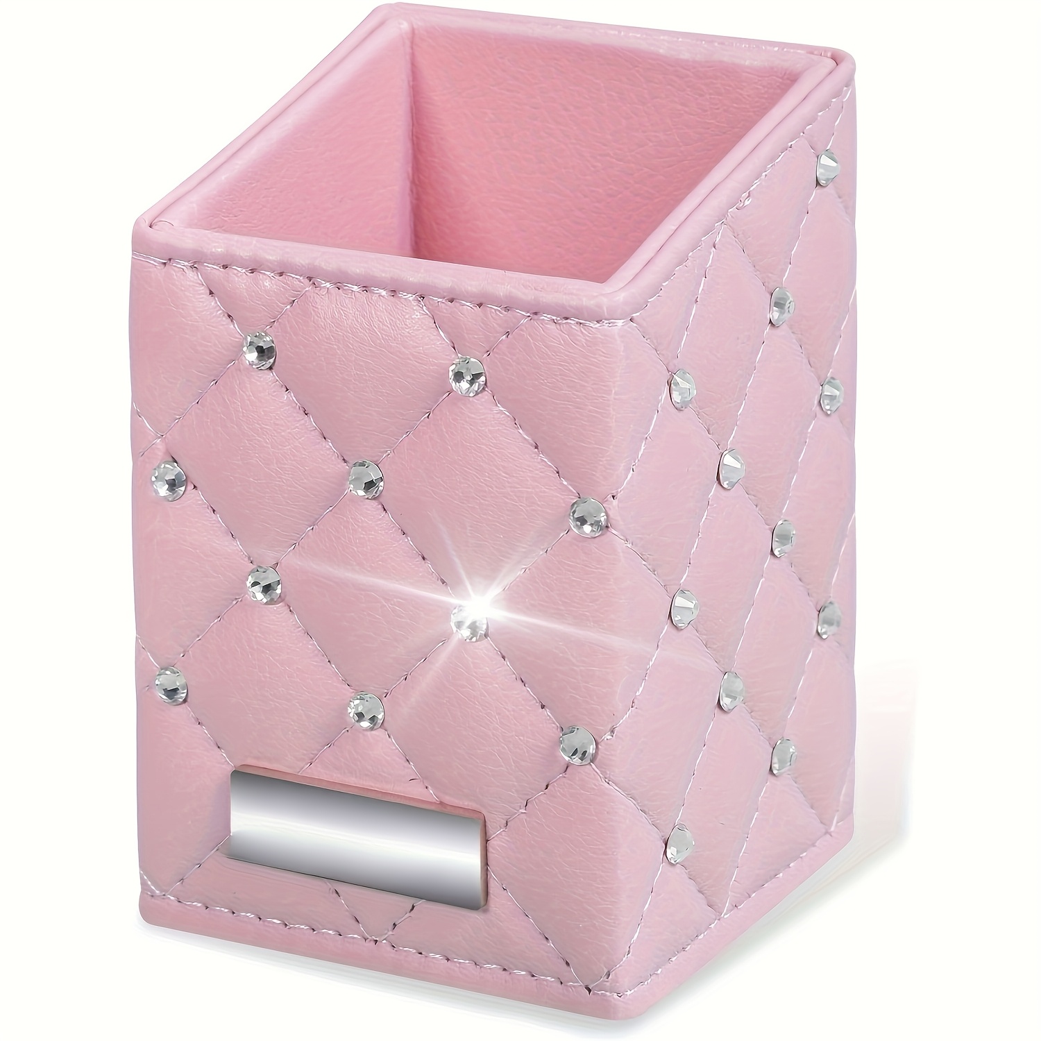 Patterned Pu Leather Makeup Brush Holder With Shiny Embellishments - Countertop Vanity Organizer, Easy To Clean, Lightweight Brush Cup For Dresser Additions - Use Without