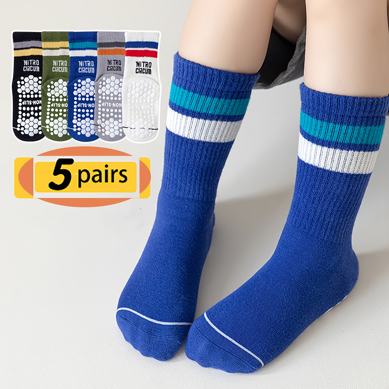 Image of 5 Pairs Boys Girls Non-slip Floor Socks, Cartoon Letter Striped Round Neck Mid-calf Socks, Non-slip Wear-resistant Comfortable Breathable Cute Socks, Suitable For