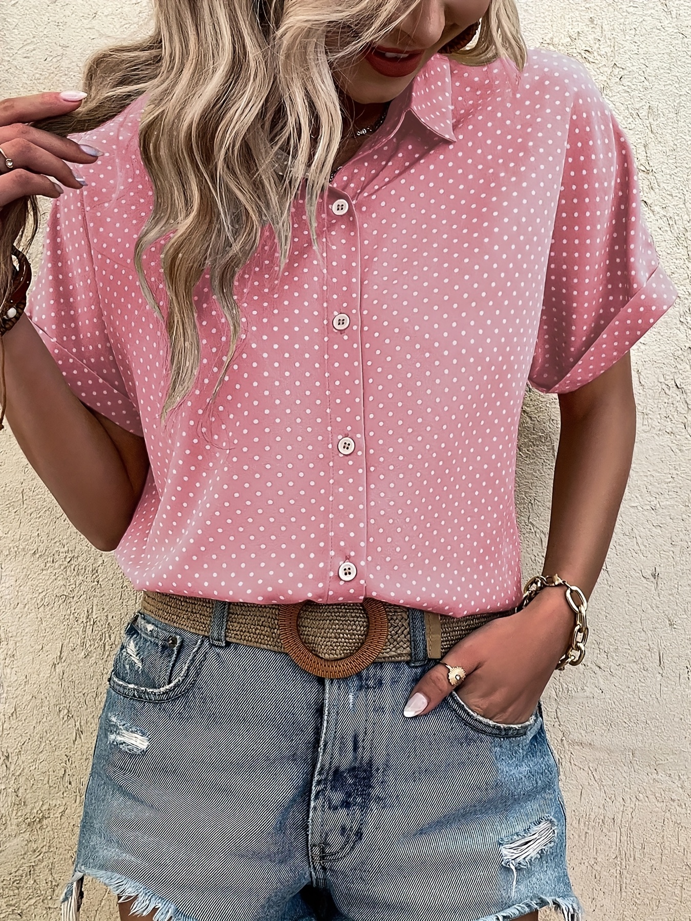 womens light pink polka dot blouse casual summer button Temu