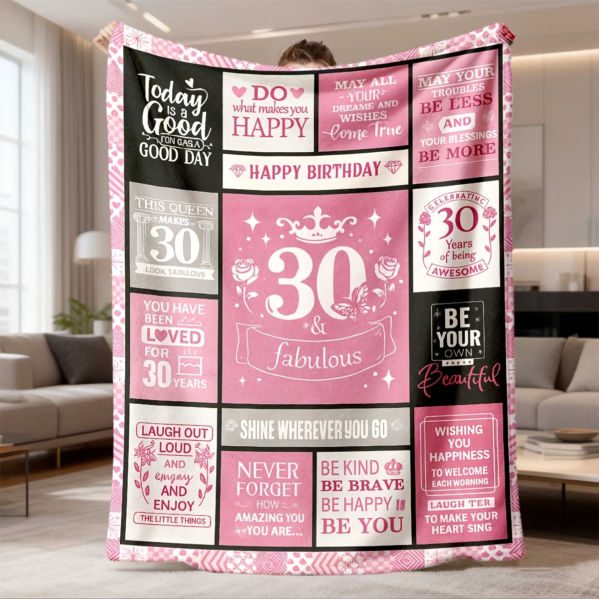 TEMU 1pc 2026 New Arrival Flannel Blanket Women's 30th Birthday Blanket Soft Flannel Throw With Motivational Quotes, Pink And Black Birthday
