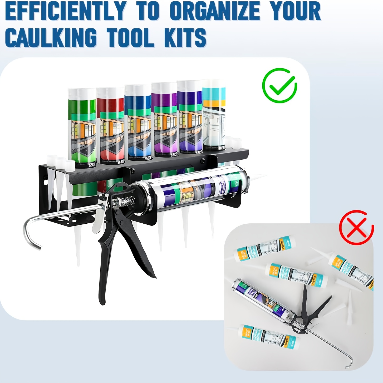 Caulking Gun Rack Tool Holder, Glue Gun and Tube Rack, Wall-Mounted Manual Loading Tool Storage Rack, Holds 6 Tubes and Loading Nozzles, Storage Box for Workshops, Shops, Garages, Storage Racks