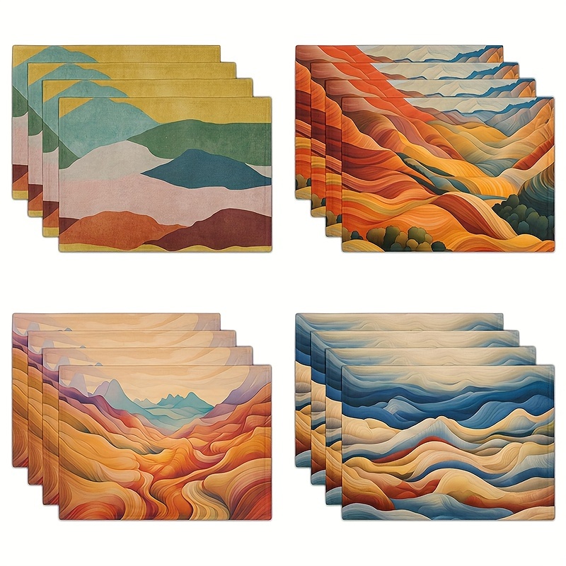 

4pcs, Placemats, Abstract Modern Art Theme Table Pad Set, Colorful Printed Mountain Painting Pattern Table Mat For Indoor, Dining Table Decor
