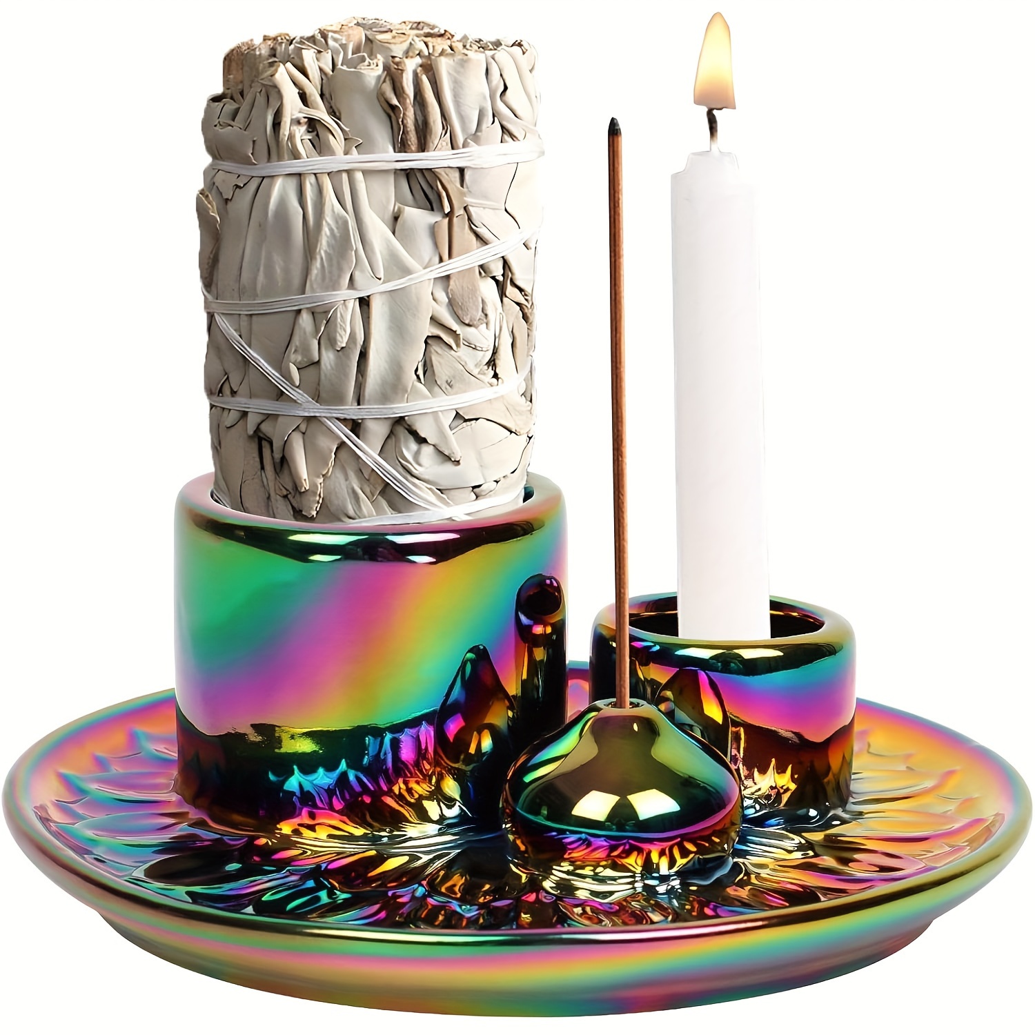 

1pc Artistic Ceramic Candle Holder & - Electroplated Rainbow , Multifunctional Palo & Smudging Kit, Home Decor With Vibrant Iridescent