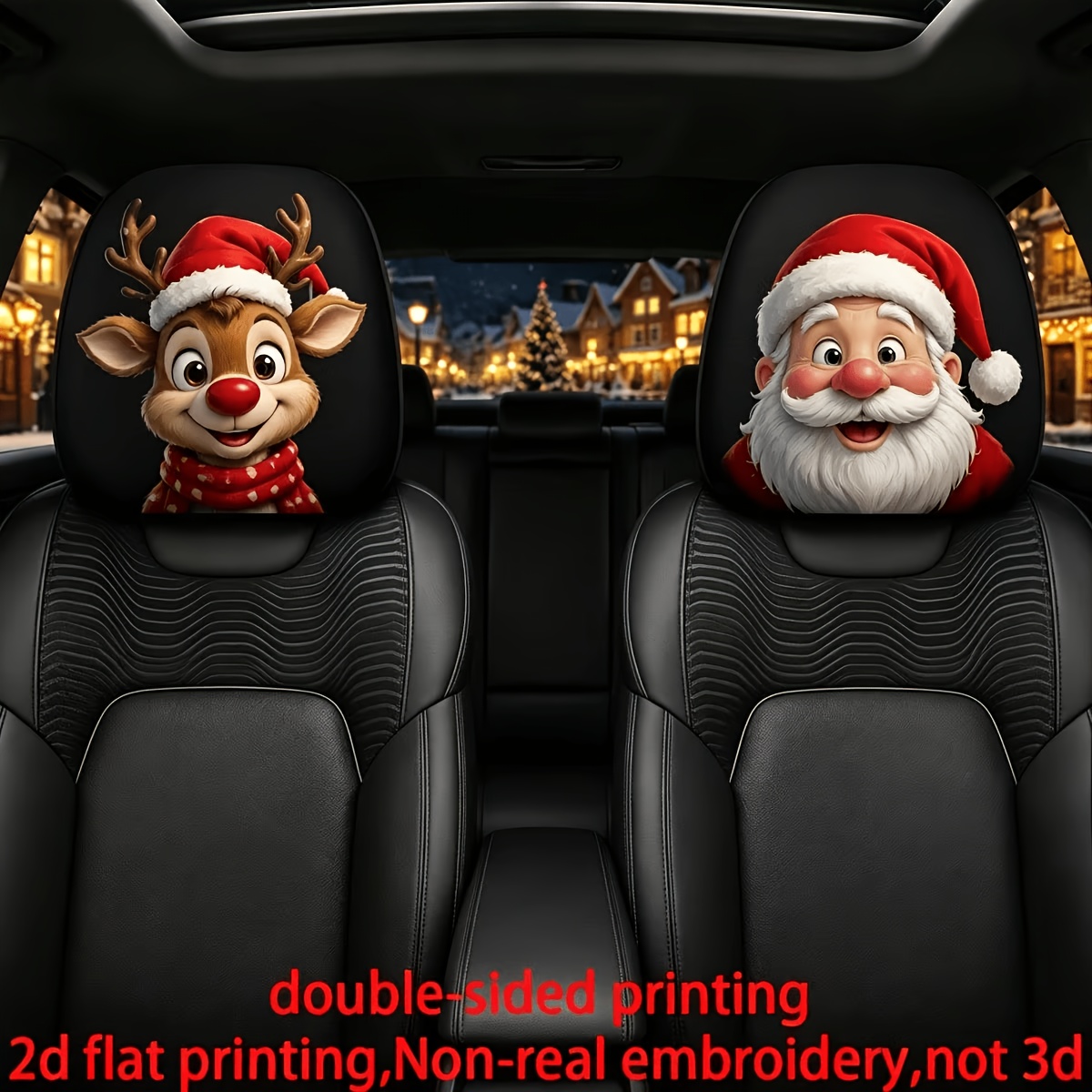 TEMU 2 piezas de fundas para reposacabezas de coche con de sombrero de Navidad de Papá Noel y Reno de , sin material de relleno, adiciones elásticas
